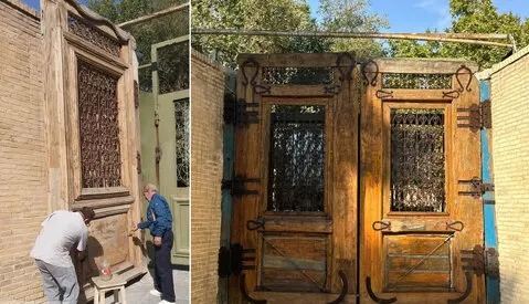 پایان مرمت اولیه در چوبی تاریخی باغ‌موزه چهلستون اصفهان