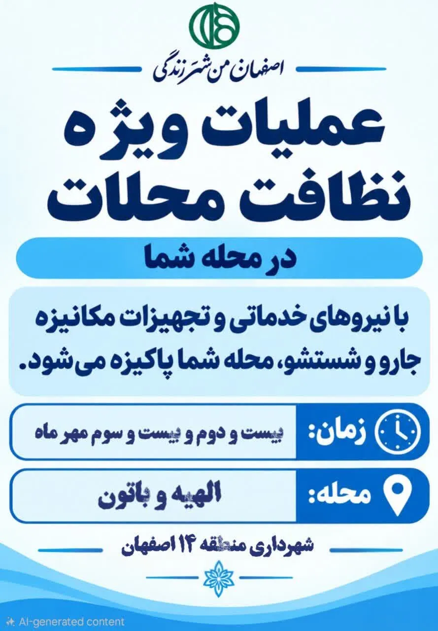 عملیات ویژه نظافت در محلات الهیه و باتون منطقه ۱۴ اصفهان اجرا می‌شود