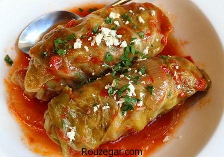  دلمه کلم برگ,طرز تهیه دلمه کلم برگ مجلسی,دلمه کلم برگ با رب انار 