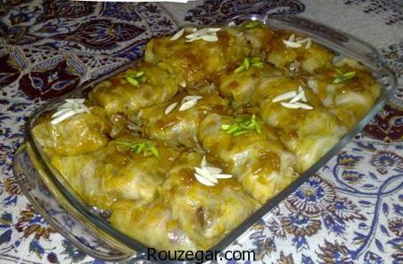  دلمه کلم برگ,طرز تهیه دلمه کلم برگ مجلسی,دلمه کلم برگ با رب انار 