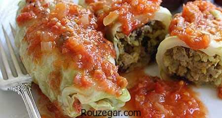  دلمه کلم برگ,طرز تهیه دلمه کلم برگ مجلسی,دلمه کلم برگ با رب انار 